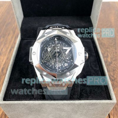 Replica Hublot Big Bang Sang Bleu II Watch Stainless Steel Black Skeleton Dial